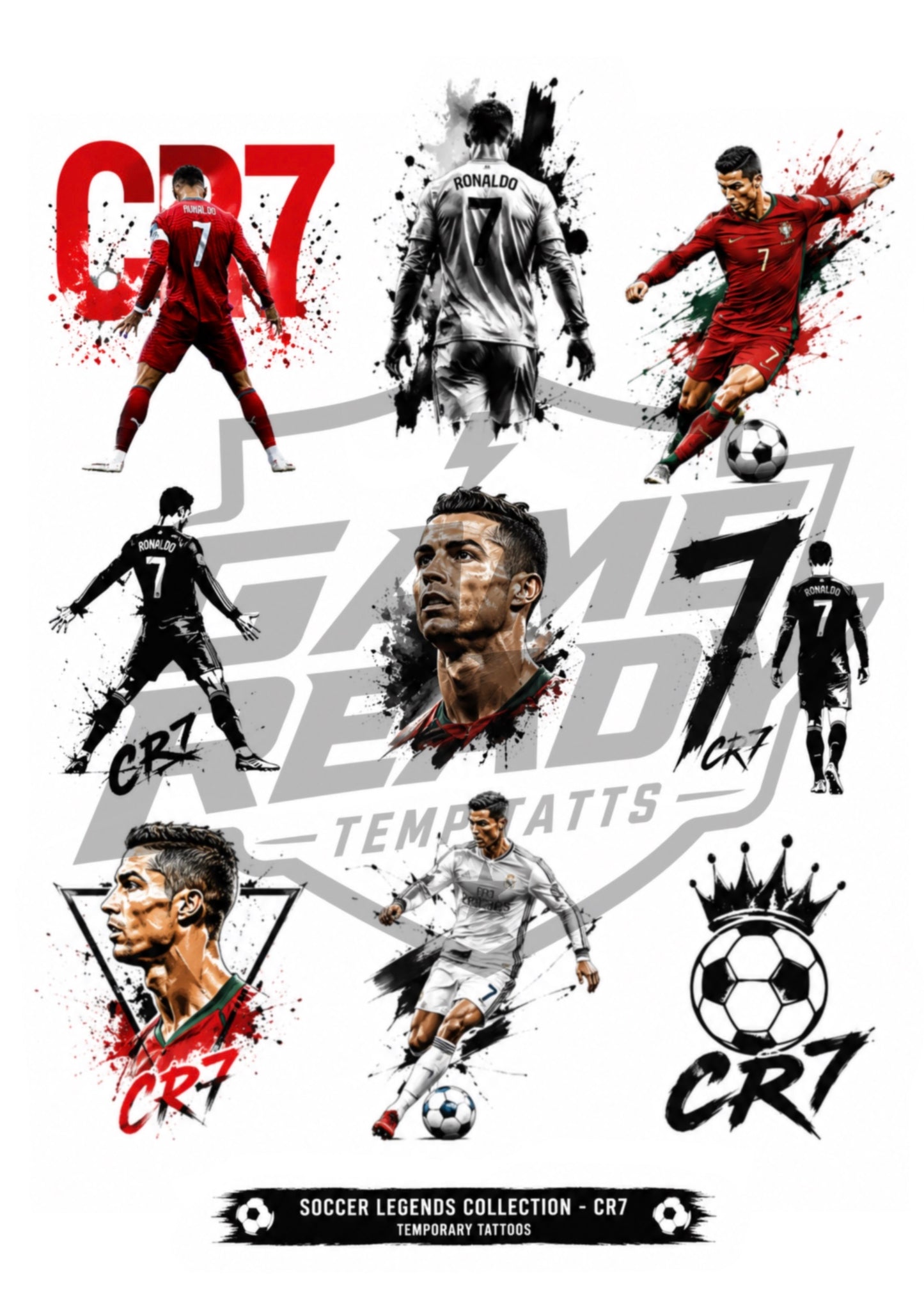 A sheet of soccer-themed temporary tattoos featuring Cristiano Ronaldo in red and white jerseys, stylized black and white silhouettes, large 'CR7' graphics, and a crown logo on a white background.