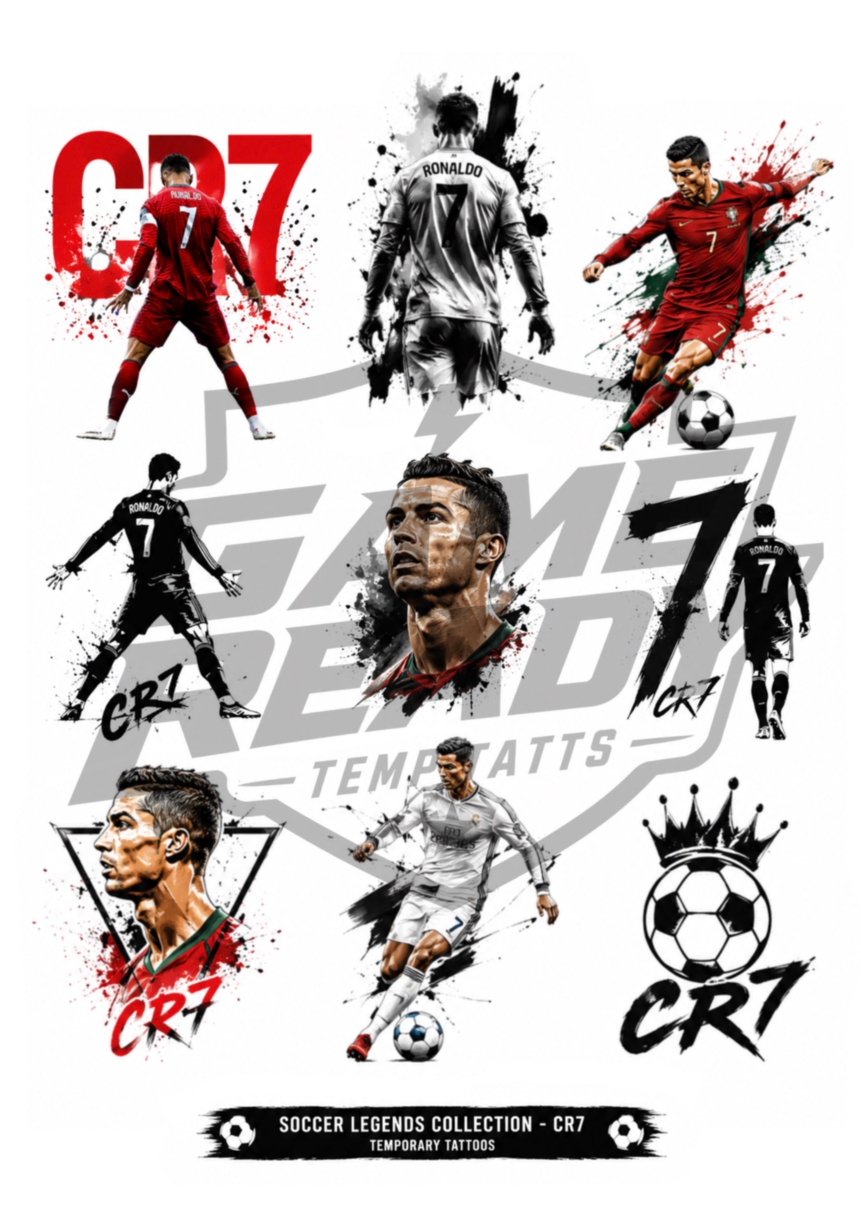 A sheet of soccer-themed temporary tattoos featuring Cristiano Ronaldo in red and white jerseys, stylized black and white silhouettes, large 'CR7' graphics, and a crown logo on a white background.