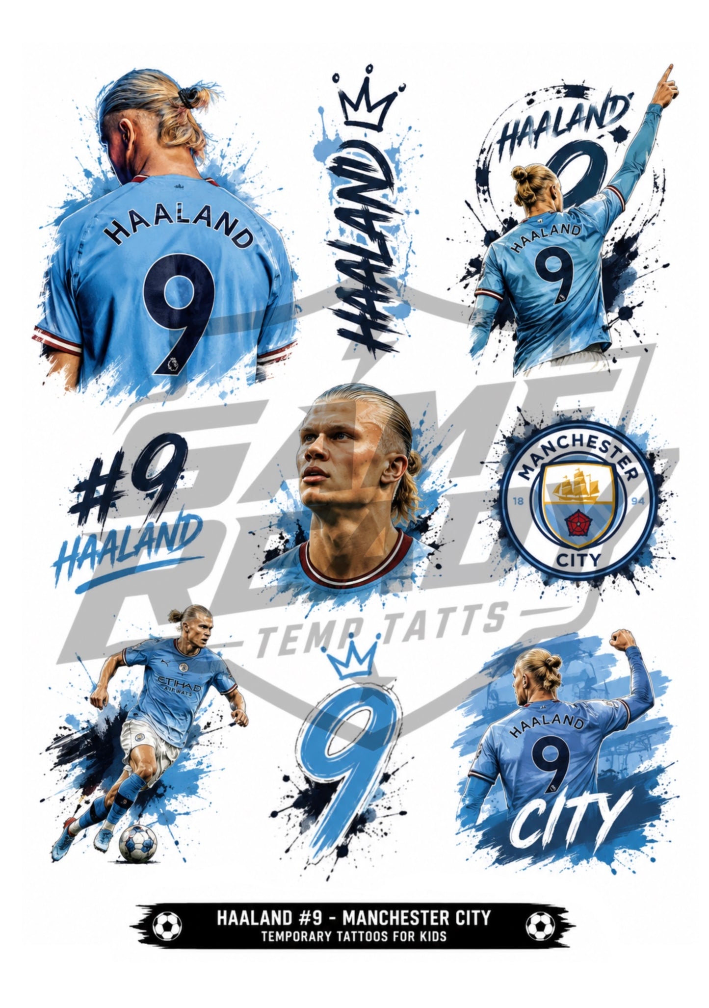 A sheet of Manchester City football temporary tattoos featuring Erling Haaland, his number 9, the team crest, and 'HAALAND CITY' text in light blue and white paint-splatter designs on a white background.