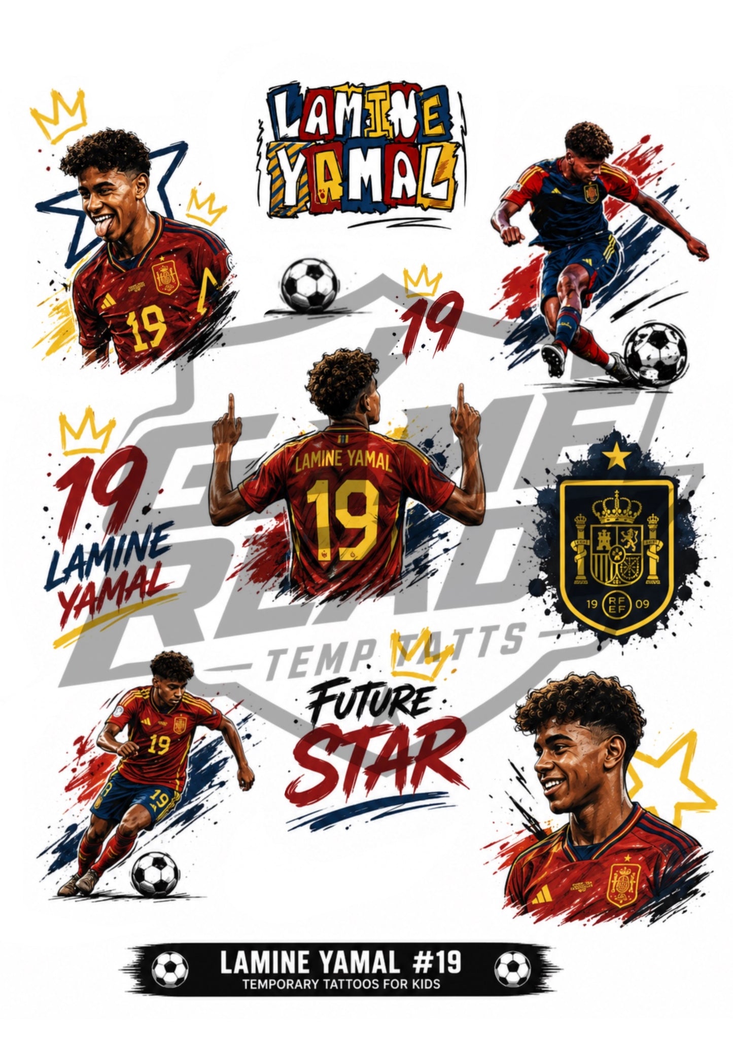 A sheet of temporary tattoos for kids featuring Lamine Yamal, number 19, in a Spanish football theme. The design includes multiple illustrations of Lamine Yamal in a red and navy Spain jersey, soccer balls, star and crown graphics, and stylized text reading 'LAMINE YAMAL', '19', 'FUTURE STAR', and 'TEMPORARY TATTOOS FOR KIDS'.