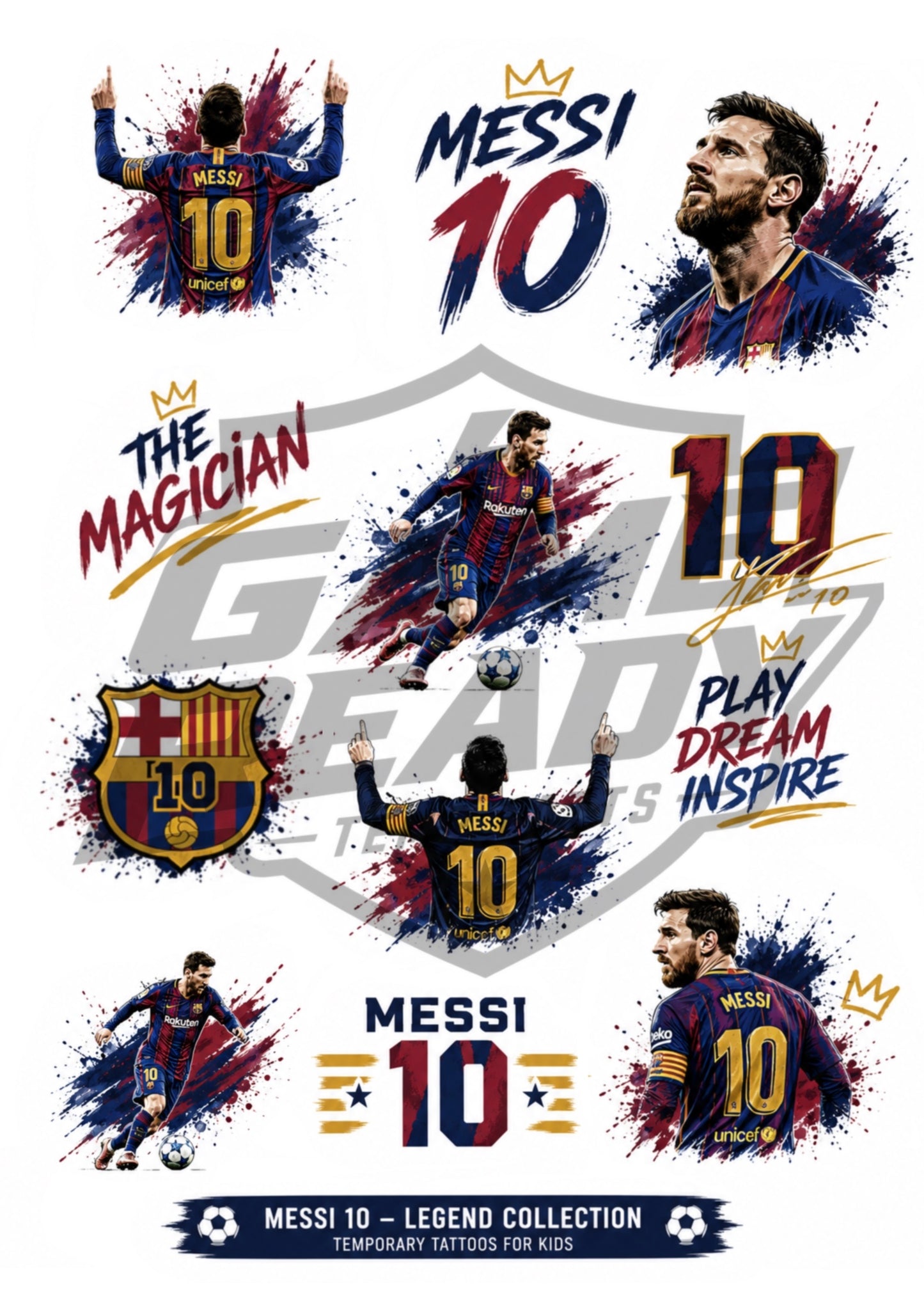 A sheet of temporary tattoo designs featuring Lionel Messi in multiple poses and expressions, with text such as 'MESSI 10', 'THE MAGICIAN', 'PLAY DREAM INSPIRE', and 'MESSI 10 - LEGEND COLLECTION'. The designs use Messi's FC Barcelona jersey colors and include the FC Barcelona crest.