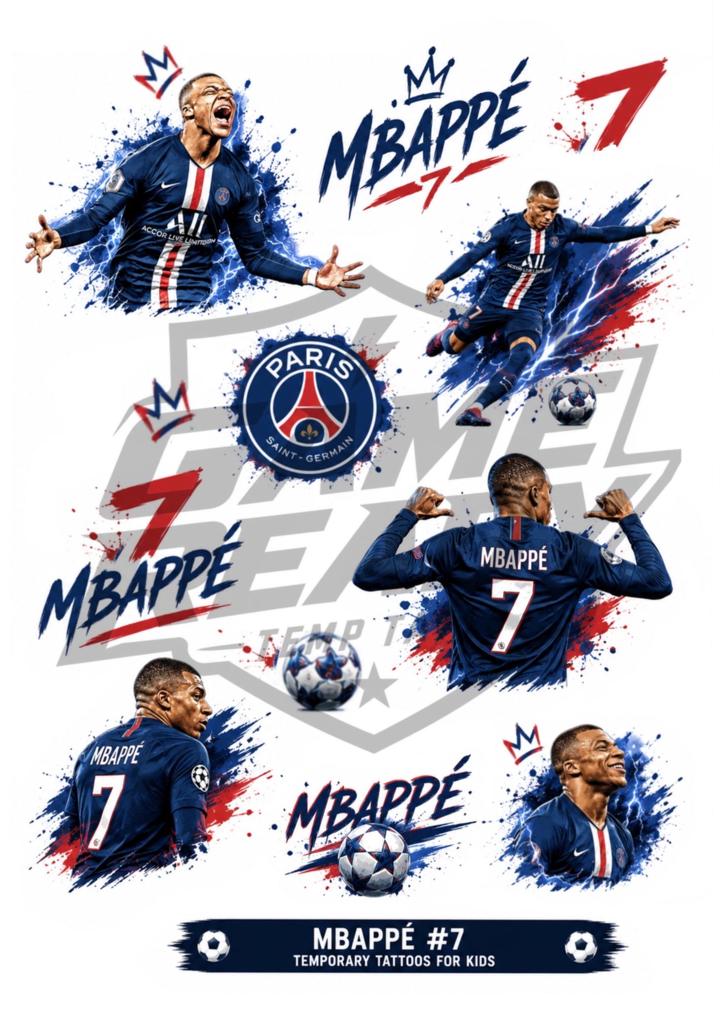 A sheet of Paris Saint-Germain temporary tattoos for kids featuring Mbappé Diaby, shown in multiple poses wearing his number 7 jersey. The tattoos feature blue, red, and white paint splatter designs on a white background with a gray 'GAME ZONE' watermark.