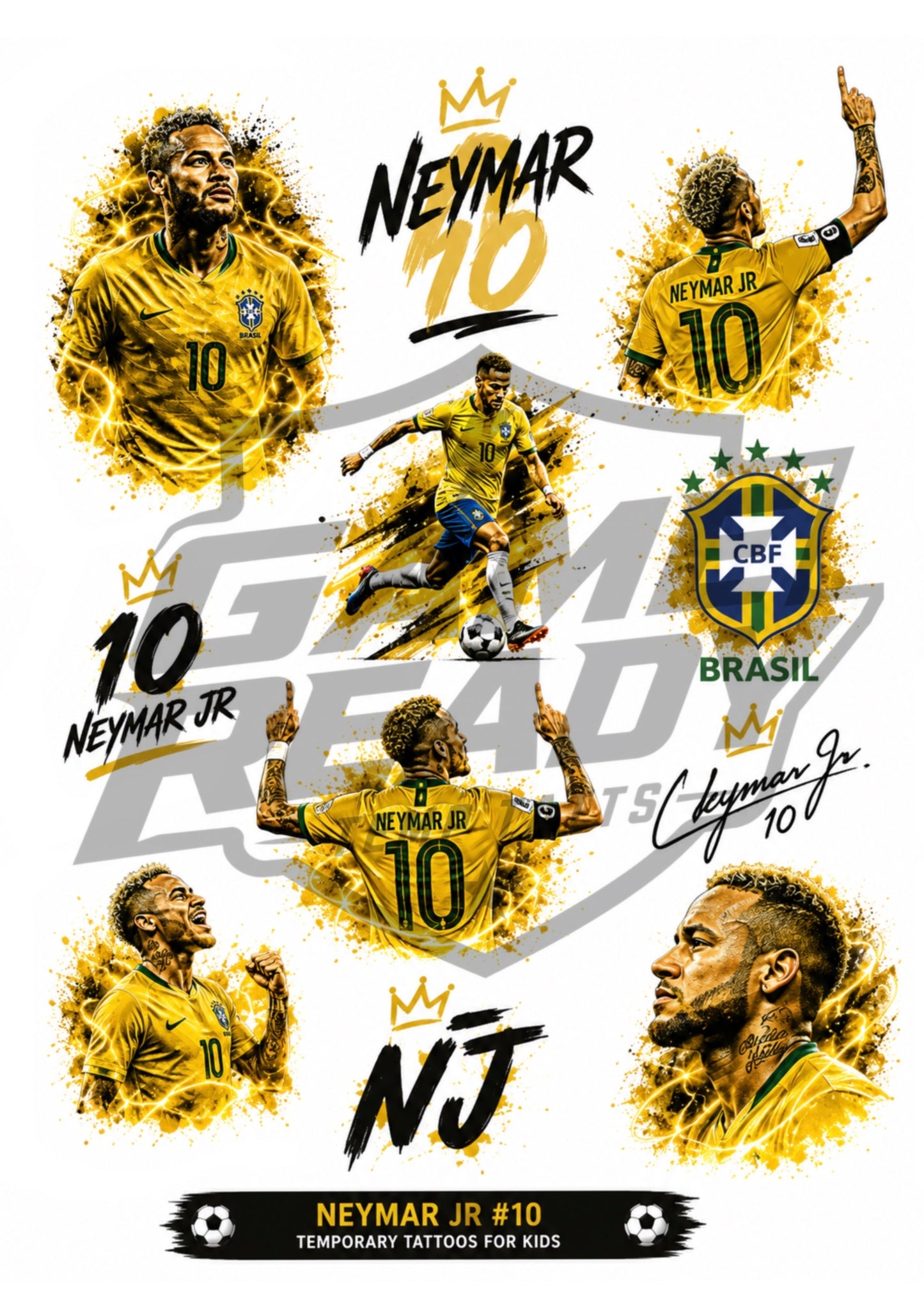 Neymar Jr. temporary tattoo design sheet featuring multiple golden-yellow illustrated portraits and action shots of the soccer player with the number 10, Brazil crest, and stylized text on a white background.