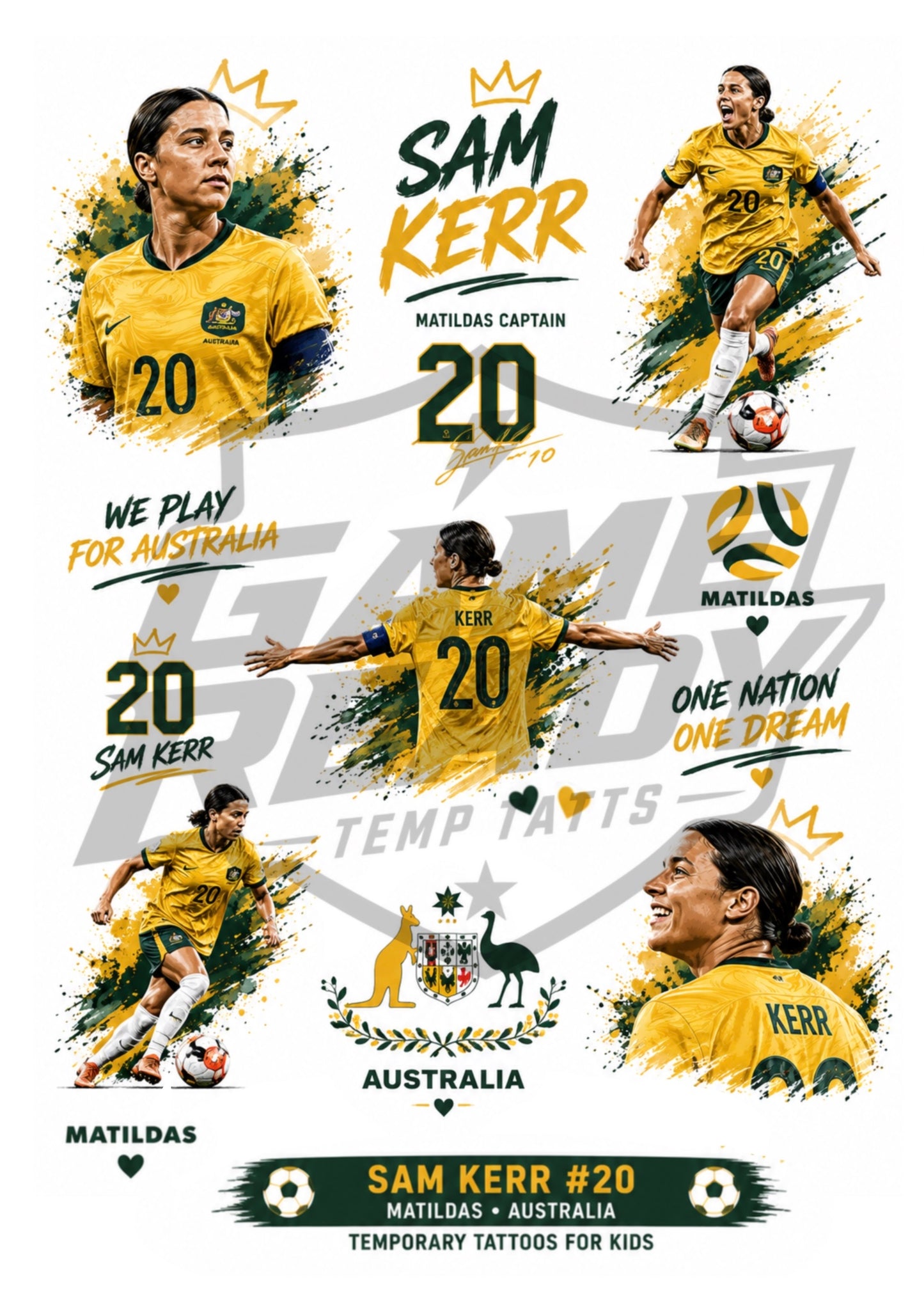 A temporary tattoo sheet featuring multiple sports-style illustrations of soccer player Sam Kerr in a yellow and navy Matildas jersey, with text including 'SAM KERR', 'MATILDAS CAPTAIN', '20', 'ONE NATION ONE DREAM', 'AUSTRALIA', and 'TEMPORARY TATTOOS FOR KIDS'.
